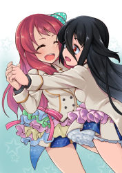 Rule 34 | 2girls, aiai (jsm), black hair, blue background, blush, bow, breasts, closed eyes, commentary request, contrapposto, cowboy shot, facing another, fang, frilled skirt, frills, gradient background, hair between eyes, hair bow, highres, holding hands, jacket, layered skirt, leaning on person, long hair, long sleeves, looking at another, medium breasts, minamoto sakura, multiple girls, open mouth, pink hair, polka dot, polka dot bow, red eyes, skirt, standing, star (symbol), starry background, thick eyebrows, very long hair, white jacket, yamada tae, zombie land saga