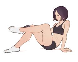Rule 34 | 1girl, absurdres, bare arms, bare legs, bare shoulders, bike shorts, black hair, breasts, closed eyes, closed mouth, from side, full body, highres, luimiart, medium hair, original, profile, scar, scar across eye, simple background, small breasts, socks, solo, sports bra, white background, white socks
