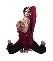 Rule 34 | 1boy, absurdres, chain, chain necklace, chest tattoo, eyepatch, hand in own hair, highres, hongjiupingzi, jewelry, kneeling, majima goro, male focus, necklace, open clothes, red shirt, ryuu ga gotoku (series), shirt, tattoo, tongue, tongue out
