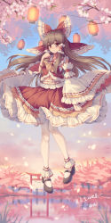 Rule 34 | 1girl, absurdres, adapted costume, ascot, bare shoulders, black footwear, bow, brown eyes, brown hair, cherry blossoms, closed mouth, detached sleeves, frills, full body, hair bow, hair tubes, hakurei reimu, highres, japanese clothes, long hair, mechrailgun, navel, nontraditional miko, red bow, red skirt, ribbon-trimmed sleeves, ribbon trim, shoes, sidelocks, skirt, solo, touhou, white sleeves, wide sleeves, yellow ascot
