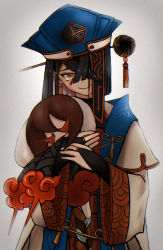 Rule 34 | 1girl, absurdres, artist request, bare shoulders, black hair, blue headwear, breasts, bridal gauntlets, brown eyes, chinese clothes, closed mouth, doll, fate/grand order, fate (series), grey background, hair ornament, hair over one eye, hairpin, hat, highres, holding, holding doll, long sleeves, looking at viewer, mole, mole under eye, robe, short hair, small breasts, smile, white robe, wide sleeves, xu fu (fate), yu mei-ren (fate)