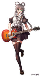 Rule 34 | 1girl, :d, bad id, bad pixiv id, black footwear, black ribbon, black skirt, black sleeves, black thighhighs, brown hair, collared shirt, dated, floating hair, full body, geduan, green eyes, guitar, highres, holding, holding instrument, instrument, loafers, long hair, looking at viewer, luo tianyi, miniskirt, neck ribbon, open mouth, pleated skirt, ribbon, shirt, shoes, short sleeves, simple background, skirt, smile, solo, standing, thighhighs, very long hair, vocaloid, vocanese, white background, white shirt, wing collar, zettai ryouiki