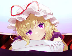 Rule 34 | 144udy, 1girl, blonde hair, dress, elbow gloves, frills, from above, gloves, hat, hat ribbon, head rest, head tilt, highres, light blush, long hair, looking at viewer, mob cap, puffy short sleeves, puffy sleeves, purple dress, purple eyes, red ribbon, ribbon, short sleeves, smile, solo, touhou, upper body, wall, white gloves, wooden floor, yakumo yukari