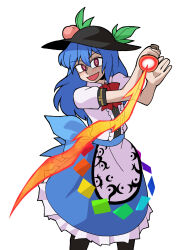 Rule 34 | 1girl, :d, absurdres, black headwear, blue hair, blue skirt, center frills, commentary, eddybird55555, english commentary, food, frills, fruit, highres, hinanawi tenshi, holding, holding sword, holding weapon, leaf, long hair, looking at viewer, open mouth, parody, peach, rainbow order, red eyes, ringed eyes, shirt, short sleeves, simple background, skirt, smile, solo, style parody, sword, sword of hisou, touhou, vanripper (style), weapon, white background, white shirt