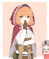 Rule 34 | 2girls, :d, animal ears, belt, blouse, brown eyes, chibi, chibi inset, chirun0, cosplay, curly hair, doyagao, fire emblem, fire emblem echoes: shadows of valentia, fire emblem fates, fire emblem heroes, genny (fire emblem), gloves, grey hair, hairband, hand on own chin, highres, hood, laughing, long hair, long sleeves, multicolored hair, multiple girls, naked towel, nintendo, open mouth, orange hair, pink background, red eyes, shirt, short hair, simple background, smile, smug, solo focus, towel, two-tone hair, velouria (fire emblem), velouria (fire emblem) (cosplay), white shirt, wolf ears