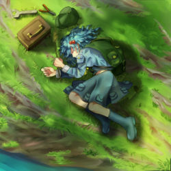 Rule 34 | 1girl, backpack, bag, blue hair, boots, from above, grass, hair bobbles, hair ornament, hat, unworn hat, unworn headwear, kawashiro nitori, lying, on side, outdoors, pliers, rubber boots, shade, shadow, short hair, skirt, skirt set, sleeping, solo, tool kit, touhou, twintails, two side up, water, wrench, yukiru (zoroacute)