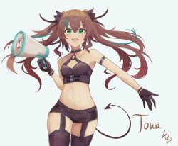 1girl absurdres armband bandeau black_gloves black_shorts black_thighhighs brown_hair character_name choker demon_tail eiyuu_densetsu falcom garter_straps gloves green_eyes green_hair highres holding holding_megaphone long_hair megaphone multicolored_hair navel o-ring o-ring_top rikotch07 sen_no_kiseki_(series) sen_no_kiseki_i shorts signature smile streaked_hair tail thighhighs towa_herschel twintails