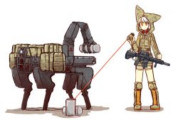 Rule 34 | 1girl, :&lt;, animal hood, backpack, bag, battle rifle, bigdog, body armor, boots, camouflage, can, cross-laced footwear, goggles, goggles around neck, gun, holding, hood, hoodie, laser, load bearing vest, long sleeves, mecha, meijou inurou, military, military uniform, mitsudomoe (shape), no nose, non-humanoid robot, orange eyes, original, real life insert, rifle, robot, shadow, short hair, simple background, solo, thigh boots, thighhighs, tomoe (symbol), uniform, walker (robot), weapon, white background, white hair, zettai ryouiki