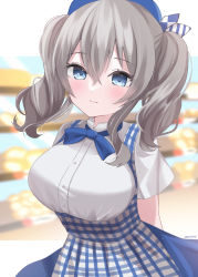 Rule 34 | 1girl, absurdres, beret, blouse, blue eyes, blue hat, blue skirt, blush, breasts, buttons, closed mouth, hair between eyes, hat, highres, kantai collection, kashima (kancolle), kobeya uniform, large breasts, shirt, short hair, short sleeves, skirt, solo, upper body, white hair, white shirt, yoshino (mfmfpng)