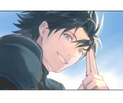 Rule 34 | 1boy, armor, black hair, blue eyes, blue sky, crisis core final fantasy vii, final fantasy, final fantasy vii, garbage paper, grin, hair slicked back, korean commentary, male focus, outdoors, pointing, pointing up, short hair, shoulder armor, sky, smile, spiked hair, turtleneck, zack fair