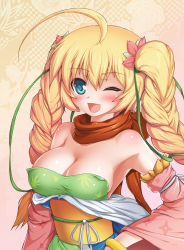 Rule 34 | 1girl, ;d, ahoge, aokihoshi, bare shoulders, blonde hair, bracelet, braid, breasts, cleavage, detached sleeves, hair ornament, hand on own hip, japanese clothes, jewelry, kimono, large breasts, long hair, one eye closed, open mouth, sengoku card conquest, smile, solo, twin braids, wink, yukata