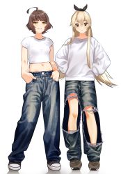 Rule 34 | 2girls, absurdres, ahoge, alternate costume, black hairband, black pants, blonde hair, blunt bangs, brown eyes, brown hair, commentary request, denim, hairband, hands in pockets, hands on own hips, highres, jeans, kantai collection, kishinami (kancolle), long hair, looking at viewer, multiple girls, pants, shimakaze (kancolle), shirt, shishanmo, short hair, simple background, standing, sweater, torn clothes, torn pants, wavy hair, white background, white shirt, white sweater