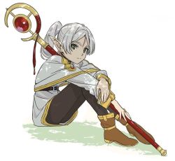 Rule 34 | 1girl, boots, capelet, earrings, elf, frieren, full body, green eyes, grey hair, jewelry, long hair, looking at viewer, mage staff, nishiya yasushi, pantyhose, pointy ears, sitting, solo, sousou no frieren, twintails, white capelet