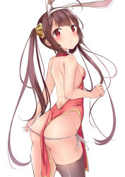 Rule 34 | 1girl, :o, ahoge, animal ears, ass, azur lane, back, backless dress, backless outfit, bare back, bare shoulders, black legwear, blunt bangs, blush, breasts, brown hair, china dress, chinese clothes, covered erect nipples, cowboy shot, dress, from behind, hairband, halter dress, halterneck, kemonomimi mode, leaning forward, long hair, looking at viewer, panties, panty pull, parted lips, pelvic curtain, ping hai (azur lane), ping hai (osmanthus moon rabbit) (azur lane), rabbit ears, red dress, red eyes, side-tie panties, simple background, small breasts, solo, standing, tareme, thighs, twintails, underwear, white background, white hairband, white panties, yukishiro arte