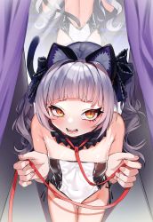 Rule 34 | 1girl, absurdres, animal ears, ass, cat ears, cat tail, curtains, grey hair, highres, hololive, leash, leotard, mirror, murasaki shion, open mouth, reflection, strapless, strapless leotard, tail, tears, twintails, virtual youtuber, yellow eyes