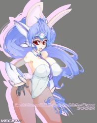 Rule 34 | 00s, 1girl, android, animal ears, armor, bare shoulders, blue hair, breasts, circlet, cleavage, covered erect nipples, curvy, english text, fake animal ears, gloves, hip focus, huge breasts, kos-mos, leotard, long hair, navel, necktie, open mouth, pantyhose, playboy bunny, ponytail, rabbit ears, red eyes, robot ears, simple background, slugbox, solo, very long hair, wide hips, xenosaga