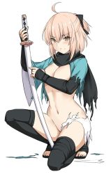 Rule 34 | 1girl, ahoge, between legs, black bow, black scarf, black thighhighs, blonde hair, bow, breasts, brown eyes, cleavage, closed mouth, convenient arm, fate (series), frown, full body, groin, hair between eyes, hair bow, half updo, holding, holding sword, holding weapon, japanese clothes, katana, kimono, koha-ace, looking at viewer, medium breasts, okita souji (fate), okita souji (koha-ace), scarf, shiseki hirame, short hair, simple background, solo, sword, thighhighs, toeless legwear, torn clothes, torn kimono, torn scarf, weapon, white background, white kimono