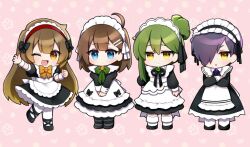 Rule 34 | 2boys, 2girls, ahoge, apron, black dress, black footwear, black ribbon, blue eyes, bow, bowtie, brown eyes, brown hair, chibi, closed mouth, dress, folded ponytail, green bow, green bowtie, green hair, hair ornament, hair over one eye, hairclip, hod (project moon), juliet sleeves, library of ruina, lineup, long hair, long sleeves, looking at viewer, maid headdress, malkuth (project moon), mikoto0x0, multiple boys, multiple girls, neck ribbon, netzach (project moon), orange bow, orange bowtie, pantyhose, project moon, puffy sleeves, purple hair, ribbon, shoes, smile, very long hair, white apron, white pantyhose, yellow eyes, yesod (project moon)