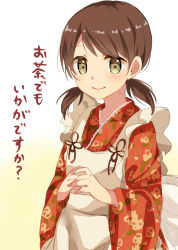 Rule 34 | 10s, 1girl, alternate costume, apron, brown hair, check translation, eyebrows hidden by hair, female focus, japanese clothes, kantai collection, kappougi, kimono, lips, looking at viewer, maid, maid apron, shijima (sjmr02), shirayuki (kancolle), short hair, smile, solo, translation request, twintails, wa maid