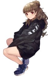 Rule 34 | 1girl, absurdres, bare legs, between legs, black jacket, blunt bangs, blush, braid, braided bun, brown hair, hair bun, hand between legs, highres, idolmaster, idolmaster cinderella girls, jacket, kamiya nao, long hair, looking at viewer, looking to the side, open clothes, open jacket, oversized clothes, red eyes, shino sto, shoes, simple background, single hair bun, smile, sneakers, solo, squatting, thick eyebrows, white background