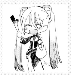 Rule 34 | 1girl, :d, ^ ^, bag, chibi, closed eyes, commentary request, dress, food, greyscale, hair between eyes, hatsune miku, holding, holding bag, holding food, long hair, monochrome, open mouth, plastic bag, short shorts, shorts, shorts under dress, side slit, signature, simple background, smile, sofra, solo, spring onion, standing, twintails, very long hair, vocaloid, white background