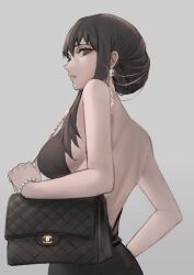Rule 34 | 1girl, absurdres, backless dress, backless outfit, bag, bare back, bare shoulders, black dress, black hair, breasts, chanel, commentary, dress, earrings, grey background, handbag, highres, jewelry, large breasts, long hair, looking at viewer, parted lips, simple background, solo, spy x family, tommy (kingdukeee), upper body, yor briar