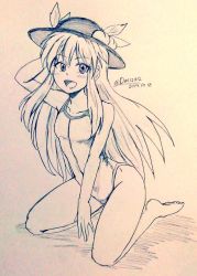 Rule 34 | 1girl, alternate costume, bare legs, barefoot, breasts, collarbone, commentary request, competition swimsuit, covered navel, d-m (dii emu), eyelashes, greyscale, hand on headwear, hat, hinanawi tenshi, kneeling, long hair, looking at viewer, monochrome, one-piece swimsuit, open mouth, peach hat ornament, sketch, small breasts, sun hat, swimsuit, touhou, traditional media, very long hair