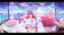 Rule 34 | 1girl, absurdres, aoi ogata, bean bag chair, bed, brown eyes, brown hair, copyright name, drawing tablet, head tilt, highres, holographic monitor, letterboxed, light smile, long hair, making-of available, matching hair/eyes, pillow, rin (shelter), shelter (song), sitting, skirt, solo