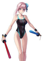 Rule 34 | 1girl, applekun, asymmetrical hair, bare shoulders, black one-piece swimsuit, blue eyes, blush, breasts, bun cover, closed mouth, collarbone, competition swimsuit, fate/grand order, fate (series), hair bun, highleg, highleg swimsuit, highres, large breasts, long hair, looking at viewer, miyamoto musashi (fate), miyamoto musashi (fate/grand order), miyamoto musashi (swimsuit berserker) (fate), miyamoto musashi (swimsuit berserker) (first ascension) (fate), one-piece swimsuit, pink hair, side bun, simple background, single hair bun, single side bun, swept bangs, swimsuit, thighs, toy sword, two-tone swimsuit, white background