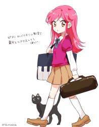 Rule 34 | 1girl, :o, aged down, aikatsu!, aikatsu! (series), bag, black cat, brown eyes, cardigan, case, cat, hair down, instrument case, kneehighs, loafers, long hair, long sleeves, looking at viewer, open mouth, otoshiro seira, pink hair, pleated skirt, shinoasa, shoes, short-sleeved sweater, short sleeves, shoulder bag, simple background, skirt, socks, solo, sweater, translation request, twitter username, undershirt, walking, white background, white socks