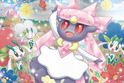 Rule 34 | :d, black eyes, blue sky, castle, closed eyes, cloud, cloudy sky, creature, creatures (company), day, diancie, facing another, floette, floette (blue flower), floette (red flower), floette (white flower), flower, game freak, gen 6 pokemon, hand up, happy, holding, holding flower, legendary pokemon, looking at another, mizue, mythical pokemon, nintendo, no humans, official art, open mouth, outdoors, outstretched arms, pokemon, pokemon (creature), pokemon tcg, red eyes, sky, smile, spread arms, third-party source
