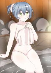 Rule 34 | 1girl, artist request, asahi rokka, bang dream!, bare shoulders, blue hair, blush, breasts, collarbone, completely nude, covering breasts, covering privates, green eyes, holding, holding towel, looking at viewer, medium breasts, navel, nude, onsen, sitting, smile, solo, tagme, tied up hair, towel, water
