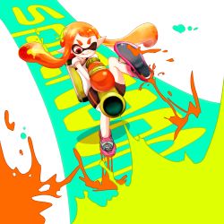 Rule 34 | 1girl, ;q, aiming, bad id, bad pixiv id, bike shorts, copyright name, flat chest, full body, highres, ink tank (splatoon), inkling, inkling girl, inkling player character, jumping, long hair, matching hair/eyes, monster girl, nintendo, omi (gxtm), one eye closed, orange eyes, orange hair, paint splatter, pointy ears, shoes, sidelocks, sneakers, solo, splatoon (series), splatoon 1, splattershot (splatoon), super soaker, tentacle hair, tongue, tongue out, twintails
