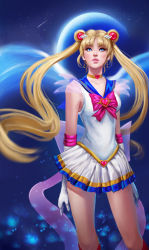 Rule 34 | 1girl, arm at side, arm behind back, bare legs, bishoujo senshi sailor moon, blonde hair, blue eyes, blue sailor collar, bow, brooch, chazillah, choker, crescent moon, double bun, earrings, elbow gloves, gloves, hair ornament, hairclip, heart, heart brooch, heart choker, heart necklace, jewelry, lips, long hair, looking up, magical girl, moon, multicolored clothes, multicolored skirt, neck, necklace, night, night sky, parted lips, pink lips, pleated skirt, realistic, red bow, sailor collar, sailor moon, see-through, see-through sleeves, shooting star, skirt, sky, solo, standing, super sailor moon, tsukino usagi, twintails, white gloves, yellow choker