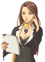 Rule 34 | 1girl, mia fey, badge, bra, breasts, brown hair, capcom, cleavage, earrings, ace attorney, jewelry, kobashi, large breasts, lingerie, lowres, magatama, mole, mole under mouth, nail polish, necklace, paper, scarf, solo, underwear