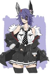 Rule 34 | 1girl, absurdres, breasts, checkered clothes, checkered necktie, checkered neckwear, grin, headgear, highres, jacket, jacket on shoulders, kantai collection, large breasts, looking at viewer, necktie, potomithu, purple background, purple hair, smile, solo, tenryuu (kancolle), thighhighs