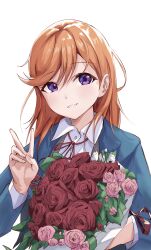 Rule 34 | 1girl, blue jacket, bouquet, collared shirt, commentary request, flower, highres, holding, holding bouquet, jacket, long sleeves, looking at viewer, love live!, love live! superstar!!, medium hair, natsume ch, neck ribbon, orange hair, parted lips, pink flower, pink rose, purple eyes, red flower, red ribbon, red rose, ribbon, rose, school uniform, shibuya kanon, shirt, smile, solo, upper body, v, white background, white shirt, winter uniform, yuigaoka school uniform