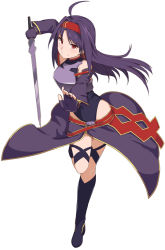 Rule 34 | 1girl, ahoge, armor, bare shoulders, breastplate, breasts, detached sleeves, fingerless gloves, full body, gloves, hair ornament, hairband, holding, holding sword, holding weapon, leg up, leotard, long hair, looking at viewer, medium breasts, pointy ears, purple armor, purple hair, red eyes, red hairband, shiseki hirame, simple background, smile, solo, split mouth, sword, sword art online, thighhighs, very long hair, weapon, white background, yuuki (sao)