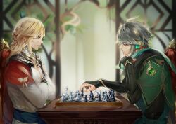 Rule 34 | 2boys, ahoge, alhaitham (genshin impact), belt, black gloves, black shirt, blonde hair, blue belt, blue eyes, blurry, blurry background, board game, bow, bracelet, braid, cape, chair, chess, closed mouth, crossed arms, door, earrings, elbow gloves, eyes visible through hair, feather hair ornament, feathers, french braid, gem, genshin impact, gloves, gold, gold bracelet, gold earrings, gold necklace, green cape, green gemstone, grey hair, grey shirt, hair between eyes, hair ornament, hand on own face, hands up, highres, indoors, jewelry, kaveh (genshin impact), leaf, lian (fldks 2), lips, long sleeves, looking at another, male focus, mandarin collar, medium hair, multiple boys, necklace, open door, playing games, puffy long sleeves, puffy sleeves, red cape, red eyes, shirt, short hair, sitting, table, tassel, v-shaped eyebrows, vision (genshin impact), yellow bow