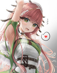 Rule 34 | 1girl, :d, arknights, arm up, armpits, belt, blush, breasts, buckle, commentary request, detached collar, dress, earrings, erato (arknights), feather hair, feathers, flying sweatdrops, green eyes, hand on own chest, heart, highres, jewelry, korean commentary, long hair, looking at viewer, medium breasts, nervous smile, open mouth, pink hair, smile, solo, speech bubble, spoken heart, upper body, white dress, yongdogi