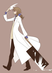 Rule 34 | 1boy, bow, brown hair, cleaver, feathers, glasses, hair bow, hatchet, hatoful kareshi, iwamine shuu, lab coat, long hair, male focus, nata (tool), personification, ponytail, solo, torino rito, weapon