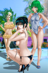 Rule 34 | 3girls, ass, bare shoulders, bikini, black bikini, black hair, black legwear, breasts, commentary request, earrings, female focus, flower, from behind, fubuki (one-punch man), full body, green eyes, green hair, hands on own hips, high heels, highleg, highleg swimsuit, highres, hip focus, jewelry, legs, light frown, lips, looking at viewer, looking back, medium breasts, multiple girls, navel, one-piece swimsuit, one-punch man, parted lips, sandals, sansetsukon no lily, shadow, short hair, side-tie bikini bottom, squatting, swimsuit, tatsumaki, thighs, toes, toten (der fuhrer), untied bikini, v-shaped eyebrows, wide hips
