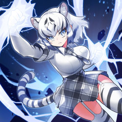 Rule 34 | 1girl, animal ear fluff, animal ears, baniran dorosu, black hair, blue eyes, breasts, commentary, commentary request, elbow gloves, extra ears, garter straps, gloves, glowing, highres, kemono friends, kemono friends 3, large breasts, looking at viewer, necktie, solo, tail, tiger ears, tiger girl, tiger tail, white gloves, white hair, white tiger (kemono friends), white tiger print