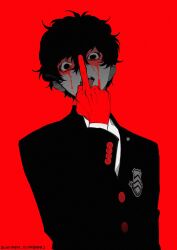Rule 34 | 1boy, amamiya ren, black eyes, black hair, black jacket, blending, btmr game, buttons, commentary request, emblem, gloves, hair between eyes, hand up, highres, jacket, limited palette, long sleeves, looking at viewer, male focus, middle finger, open mouth, persona, persona 5, red background, red gloves, school uniform, short hair, shuujin academy school uniform, simple background, solo, twitter username, upper body