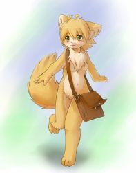 Rule 34 | 1girl, animal ears, animal hands, bag, barefoot, blush, female focus, fox ears, fox tail, full body, furry, furry female, gradient background, happy, kagerofu, nude, running, smile, solo, tail, yellow eyes