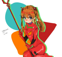 Rule 34 | 1girl, arm behind head, arm up, artist request, blue eyes, bodysuit, breasts, cowboy shot, dated, from side, hair between eyes, hand on own hip, highres, holding, holding hair, holding weapon, interface headset, kneeling, lance of longinus (evangelion), long hair, looking at viewer, neon genesis evangelion, orange hair, parted lips, pilot suit, plugsuit, polearm, red bodysuit, shiny clothes, skin tight, solo, souryuu asuka langley, standing, translation request, twintails, two side up, uneven eyes, very long hair, weapon, wide hips