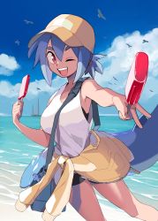 Rule 34 | 1girl, absurdres, azuumori, bag, beach, bird, blue hair, blue sky, boat, breasts, cloud, cloudy sky, double popsicle, fins, fish tail, food, hat, highres, horizon, looking at viewer, mako (azuumori), medium breasts, multicolored hair, one eye closed, open mouth, original, outdoors, popsicle, red eyes, sailboat, shark girl, shark tail, shoulder bag, sky, smile, solo, tail, tank top, watercraft, white tank top