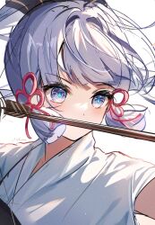 Rule 34 | 1girl, arms up, arrow (projectile), artist name, ayaka (genshin impact), blush, covering own mouth, genshin impact, grey hair, hair ornament, hair ribbon, hair tubes, highres, holding, holding weapon, kokonex, long hair, looking to the side, pink ribbon, ponytail, purple eyes, ribbon, shirt, short sleeves, simple background, solo, unfinished, upper body, v-shaped eyebrows, weapon, white background, white shirt, wide sleeves