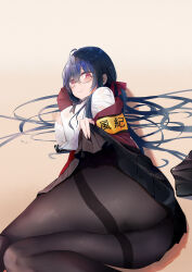 Rule 34 | 1girl, absurdres, armband, ass, azur lane, black hair, black pantyhose, black skirt, bra, bra peek, breasts, bursting breasts, feet out of frame, flying button, hair between eyes, hair spread out, highres, jacket, large breasts, long hair, long sleeves, lying, miniskirt, noyuki (3702), official alternate costume, on side, open clothes, open jacket, pantyhose, partially unbuttoned, pleated skirt, popped button, purple eyes, red jacket, round eyewear, school uniform, shirt, simple background, skirt, solo, taihou (azur lane), taihou (sweet time after school) (azur lane), thighband pantyhose, underwear, very long hair, wardrobe malfunction, white bra, white shirt, yellow armband