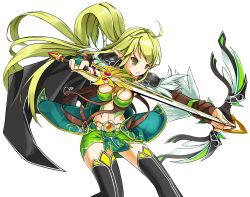 Rule 34 | 1girl, black thighhighs, bow (weapon), breasts, buckle, cape, elsword, green eyes, green hair, green skirt, long hair, matching hair/eyes, medium breasts, midriff, miniskirt, night watcher (elsword), official art, pointy ears, rena erindel, ress, serious, shoulder pads, skirt, solo, sword, thighhighs, transparent background, very long hair, weapon